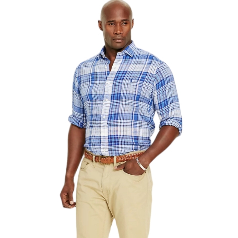 Ralph Lauren Relaxed Fit Linen Shirt 4XLT White Blue Plaid Long Sleeve w Logo 4X
